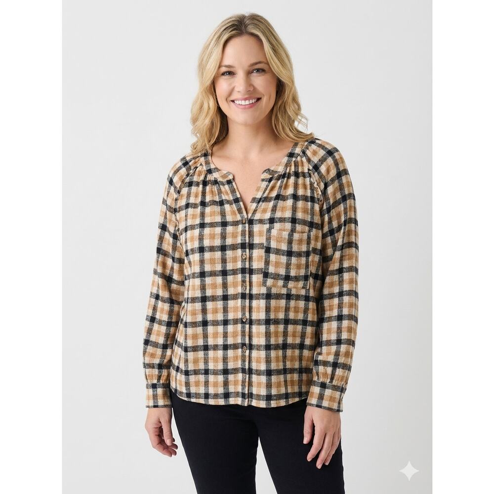 Pilcro Anthropologie Plaid Button Down Blouse XXL Ruffle Yellow Check EUC